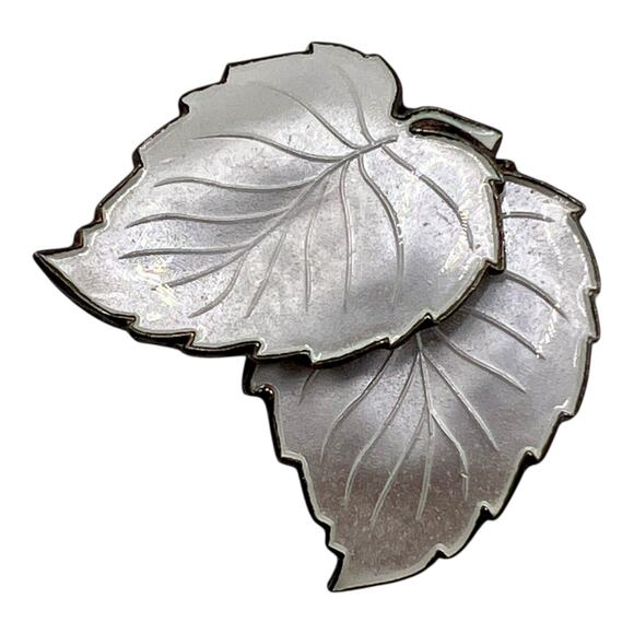 Vintage David Andersen Norway Sterling Guilloche Enamel Leaf Brooch Leaves Pin - Picture 1 of 8
